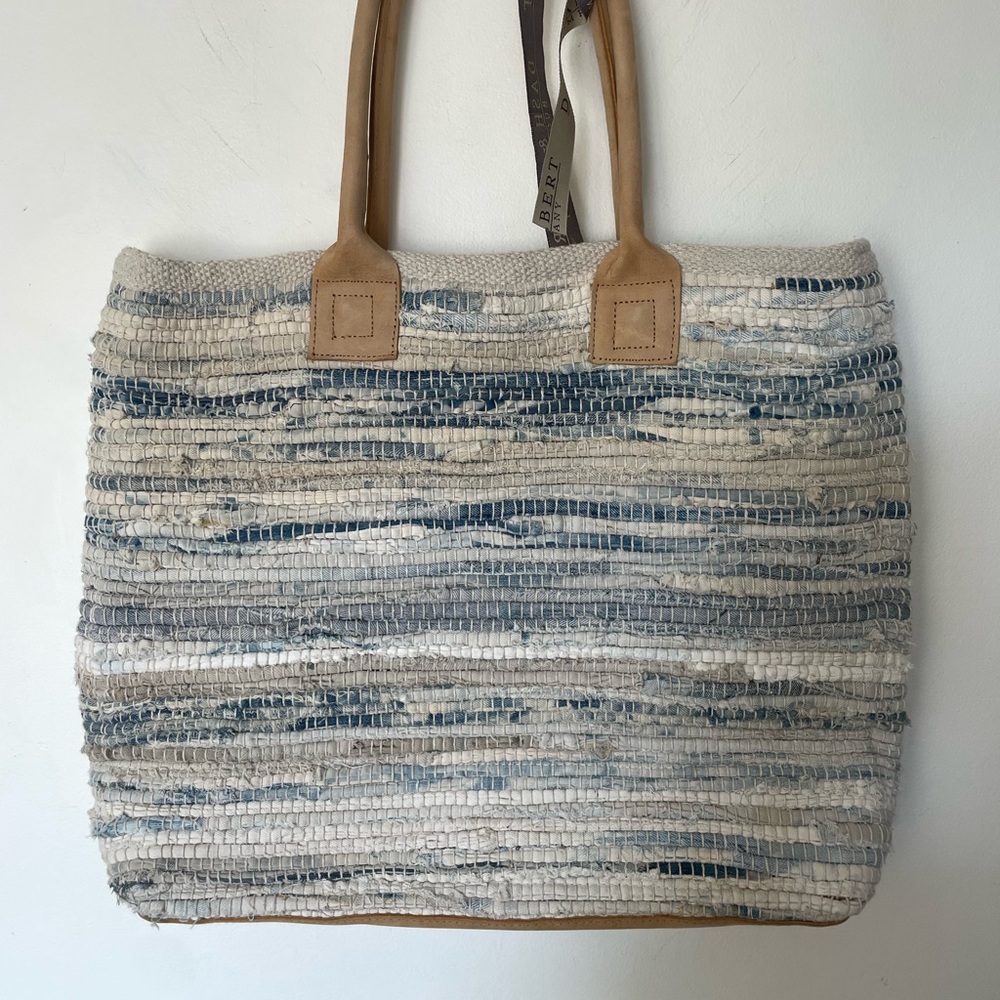 Blue and Tan Woven Tote Bag with Striped Pattern and Leather Handles